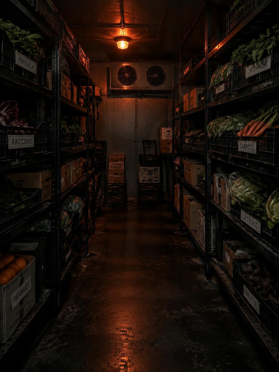Walk-in cooler shelves stacked with labelled crates of fresh produce