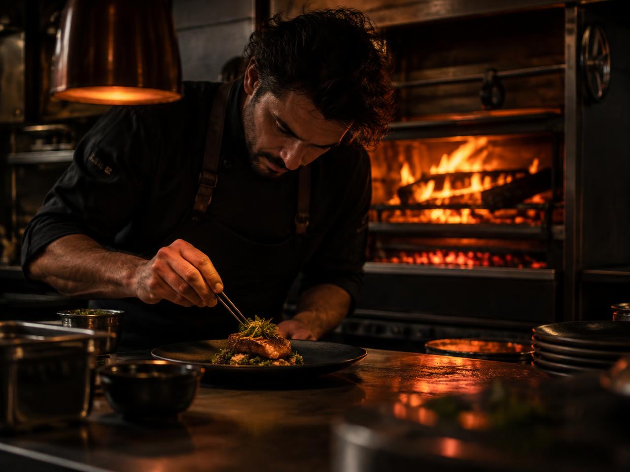 Chef plating a dish on the line in a dark kitchen