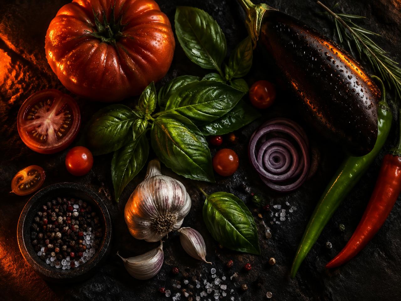 Fresh vegetables and herbs arranged on dark slate