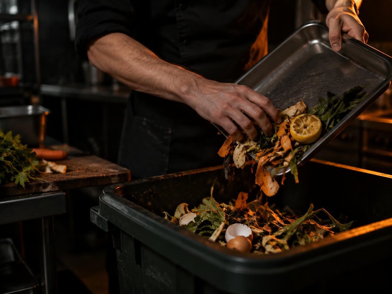 Kitchen staff scraping food scraps into a compost bin